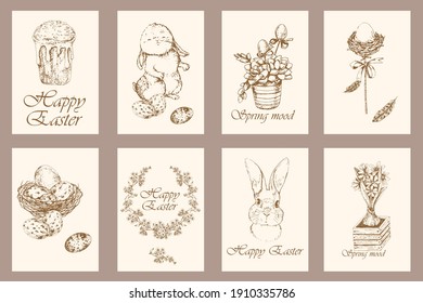 Set of Easter cards with traditional holiday attributes and wishes. Vector hand-drawn illustration.
