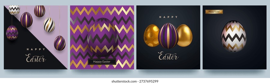 A set of Easter cards, website banners, posters, flyers, and covers. Stylish design with gold embossing. 3D Easter eggs in gold and purple. Vector illustration.