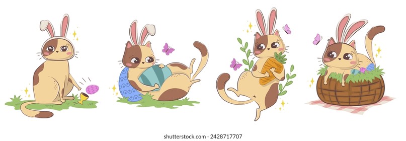 Set of Easter cartoon cats in a bunny suit with eggs and carrots. Festive spring clipart with cute characters in doodle style