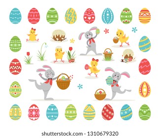 Set Easter cartoon characters and holiday's design elements. Easter bunny, chickens, eggs, basket, cake and flowers