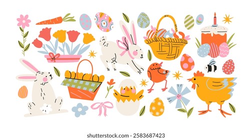 Set Easter cartoon stickers in 90s retro style. Spring elements, rabbits, eggs, Christian holiday, Easter baskets, flowers. Vector groovy doodle shape