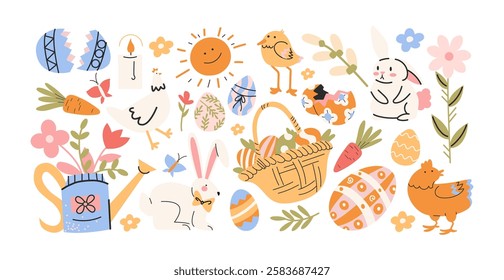 Set Easter cartoon stickers in 90s retro style. Spring elements, rabbits, eggs, Christian holiday, Easter baskets, flowers. Vector groovy doodle shape