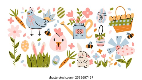 Set Easter cartoon stickers in 90s retro style. Spring elements, rabbits, eggs, Christian holiday, Easter baskets, flowers. Vector groovy doodle shape