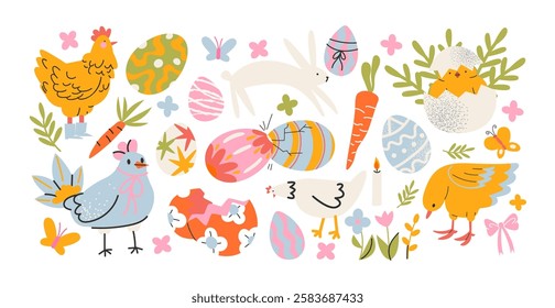 Set Easter cartoon stickers in 90s retro style. Spring elements, rabbits, eggs, Christian holiday, Easter baskets, flowers. Vector groovy doodle shape