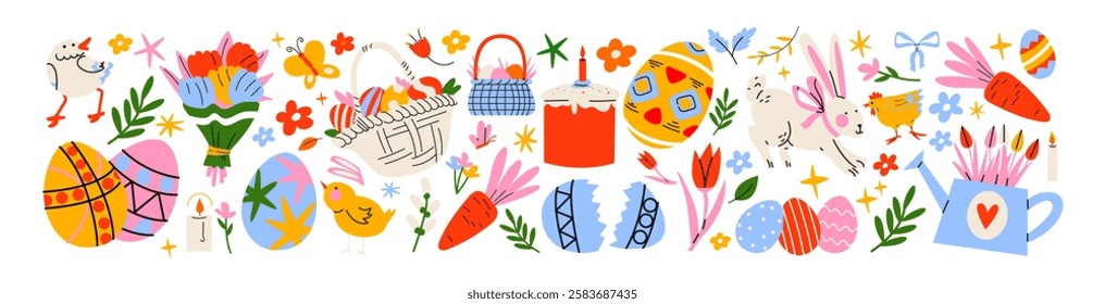 Set Easter cartoon stickers in 90s retro style. Spring elements, rabbits, eggs, Christian holiday, Easter baskets, flowers. Vector groovy doodle shape