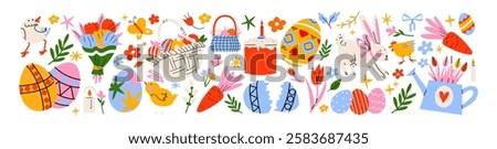 Set Easter cartoon stickers in 90s retro style. Spring elements, rabbits, eggs, Christian holiday, Easter baskets, flowers. Vector groovy doodle shape