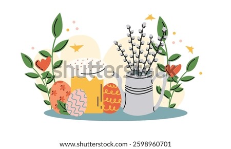Set Easter cartoon stickers in cute pastel style. Spring elements, bunnies, eggs, festive holiday, Easter baskets, flowers. Vector doodle hand-drawn icons.