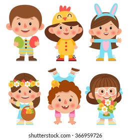 Set of Easter characters in cartoon style. Cute kids in carnival costumes for Easter. Boys and girls in Easter bright colors dresses.