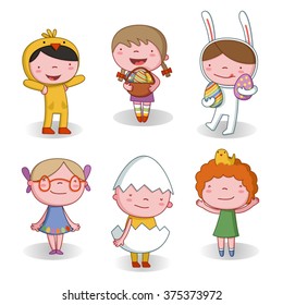 Set of Easter characters in cartoon style. Cute kids in carnival costumes for Easter.