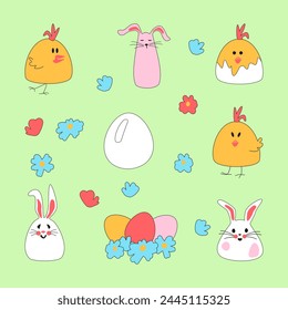 Set of Easter characters. Cute Easter bunny with chicken and egg for printing on childrens products, stickers and books. Cartoon Vector illustration.