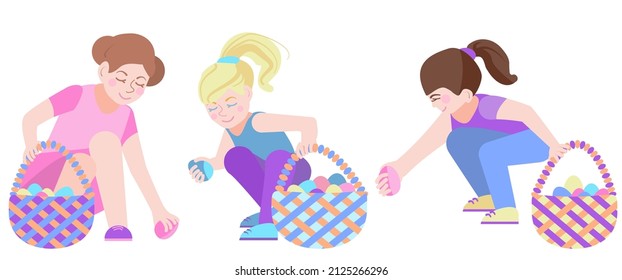 Set of Easter characters. Cute little girls collect Easter eggs in the basket. Blonde, brunette looking for festive eggs. Vector illustration in a flat cartoon style is isolated on a white background.