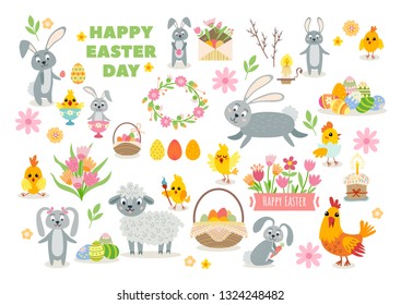 Set of easter characters and design elements. Easter collection in flat style. Vector cartoon person. Spring Creative modern concept. Easter bunny, chickens, eggs and flowers.