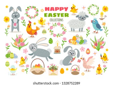 Set of easter characters and design elements. Easter collection in flat style. Vector cartoon person. Spring Creative modern concept. Easter bunny, chickens, eggs and flowers.