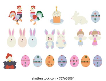 A set of Easter characters. Eggs, roosters, rabbits, angels. Can be used for the sticker or celebration postcard