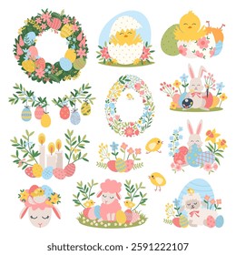 Set of Easter characters and elements. Hand drawn holiday collection. Floral wreath with eggs, hatching little chicks, bunny with flowers, garland, candles and sleeping lamb. Flat vector illustration.