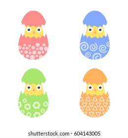 Set easter chicken in egg with ornament. Pack icon colorful chick in egg.