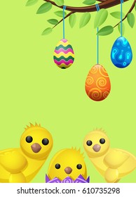 Set of easter chicken and suspended color eggs isolated on green. Three multicolor balls tied on tree branch. One poult sits in purple shell. Vector illustration flat design drawn pattern for web.