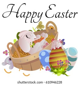Set of easter chocolate egg hunt bunny basket on green grass decorated flowers, rabbit funny ears, happy spring season holiday tradition greeting card banner collection vector illustration background