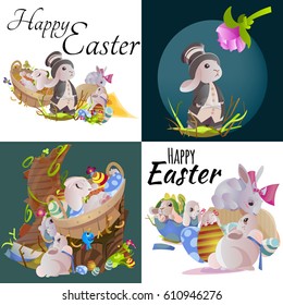 Set of easter chocolate egg hunt bunny basket on green grass decorated flowers, rabbit funny ears, happy spring season holiday tradition greeting card banner collection vector illustration background