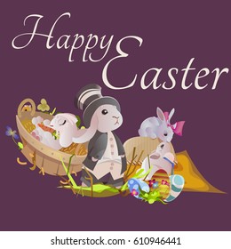 Set of easter chocolate egg hunt bunny basket on green grass decorated flowers, rabbit funny ears, happy spring season holiday tradition greeting card banner collection vector illustration background