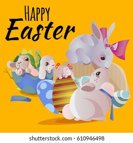 Set of easter chocolate egg hunt bunny basket on green grass decorated flowers, rabbit funny ears, happy spring season holiday tradition greeting card banner collection vector illustration background