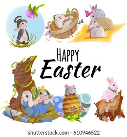Set of easter chocolate egg hunt bunny basket on green grass decorated flowers, rabbit funny ears, happy spring holiday tradition greeting card or banner collection vector illustration background1
