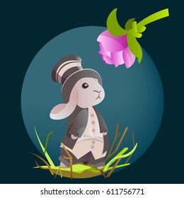 Set of easter chocolate egg hunt bunny basket on green grass decorated flowers, rabbit funny ears, happy spring holiday tradition greeting card or banner collection vector illustration background1
