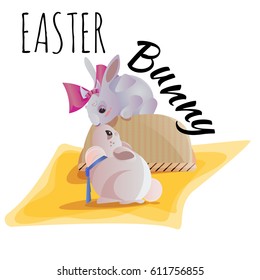 Set of easter chocolate egg hunt bunny basket on green grass decorated flowers, rabbit happy spring season holiday tradition greeting card or banner collection vector illustration on white background