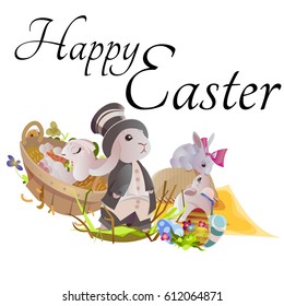 Set of easter chocolate egg hunt bunny basket on green grass decorated flowers, rabbit funny ears, happy spring season holiday tradition greeting card banner collection vector illustration background