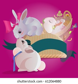 Set of easter chocolate egg hunt bunny basket on green grass decorated flowers, rabbit funny ears, happy spring holiday tradition greeting card or banner collection vector illustration background1