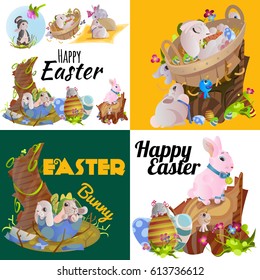 Set of easter chocolate egg hunt bunny basket on green grass decorated flowers, rabbit funny ears, happy spring season holiday tradition greeting card banner collection vector illustration background