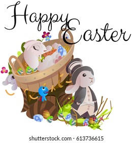Set of easter chocolate egg hunt bunny basket on green grass decorated flowers, rabbit funny ears, happy spring season holiday tradition greeting card banner collection vector illustration background