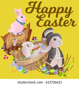 Set of easter chocolate egg hunt bunny basket on green grass decorated flowers, rabbit funny ears, happy spring season holiday tradition greeting card banner collection vector illustration background