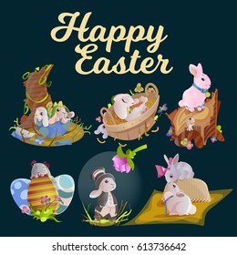 Set of easter chocolate egg hunt bunny basket on green grass decorated flowers, rabbit funny ears, happy spring holiday tradition greeting card or banner collection vector illustration background1