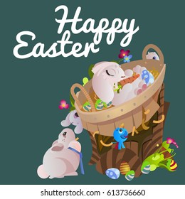 Set of easter chocolate egg hunt bunny basket on green grass decorated flowers, rabbit funny ears, happy spring season holiday tradition greeting card banner collection vector illustration background