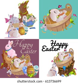 Set of easter chocolate egg hunt bunny basket on green grass decorated flowers, rabbit funny ears, happy spring season holiday tradition greeting card banner collection vector illustration background
