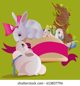 Set of easter chocolate egg hunt bunny basket on green grass decorated flowers, rabbit funny ears, happy spring holiday tradition greeting card or banner collection vector illustration background1