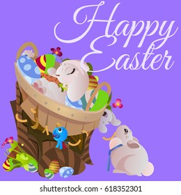 Set of easter chocolate egg hunt bunny basket on green grass decorated flowers, rabbit funny ears, happy spring season holiday tradition greeting card banner collection vector illustration background