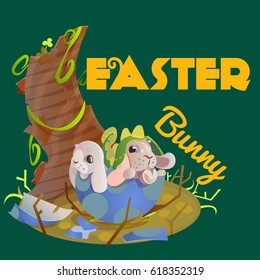 Set of easter chocolate egg hunt bunny basket on green grass decorated flowers, rabbit funny ears, happy spring holiday tradition greeting card or banner collection vector illustration background1