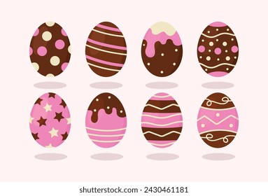 Set of Easter chocolate eggs. Collection of decorated eggs with various textures and candies. Vector illustration.