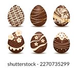 set of Easter chocolate eggs with golden decorative elements. Isolated design object on white background. Vector realistic image of festive confectionery, dessert, sweetness, bakery 