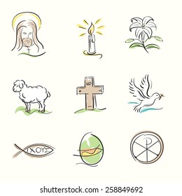 Set of Easter Christian symbols and spring hand drawn illustrations