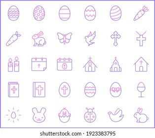 Set of easter and Christianity icons line style. It contains such Icons as eggs, religion, bunny, gifts, spring, rabbit, celebration, decoration, church and other elements. 