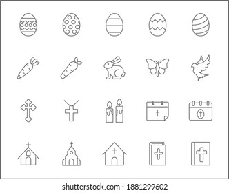 Set of easter and christianity line style. It contains such Icons as eggs, religion, bunny, gifts, spring, rabbit, celebration, decoration, church and other elements.
customize color, easy resize.