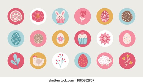 Set of Easter circle stickers with bunny, flower, egg, berry, hen, leaves, sheep, cupcake, tulip in Pink, Yellow, Blue and White. Perfect as icons for spring and summer holidays, highlight covers