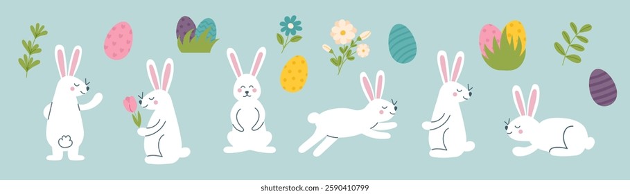 Set of Easter cliparts - bunnies, eggs, flowers. Concept of Easter, spring, holiday. Vector hand drawn background.