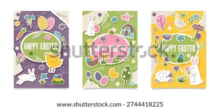 Set of Easter collage greeting cards with Easter objects in pop art style2. Easter trendy posters. Concept of Easter, spring, holiday celebration.