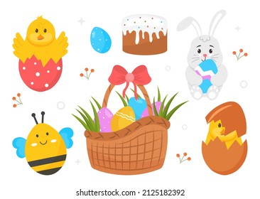 Osterfest. Sammlung von Aufklebern für soziale Netzwerke. Eier, Kaninchen und Kuchen. Grafische Elemente für Webdesign, süße Symbole. Cartoon-FlachVektorgrafiken einzeln auf weißem Hintergrund