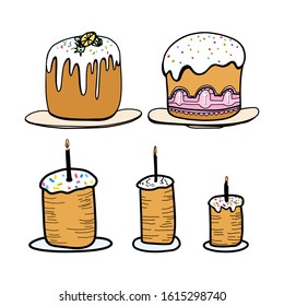 Set easter colored cakes of Happy Easter symbol isolated on white background. Paschal cake on plate.Vector ink sketch illustration. Decorative cartoon style for greeting card, invitation.Sign outline.