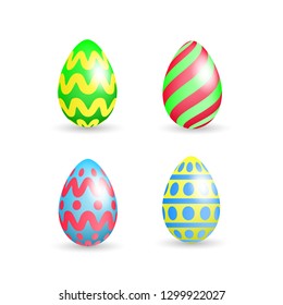 Set of easter colorful eggs with different patterns set isolated on white background. Vector illustration. 3D, realistic. Decorotive element.